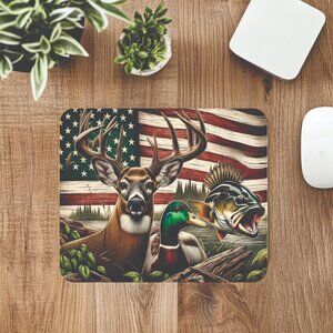 Patriotic Deer Duck & Bass Hunter Fisherman Computer Mousepad